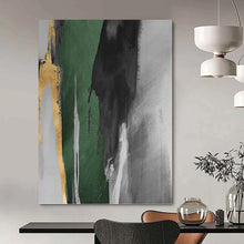 Load image into Gallery viewer, “Gold Accent Green and Grey” - Green, Grey, Gold Abstract Art on Canvas DKH1198