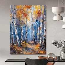 Load image into Gallery viewer, “Autumn Birch Forest” - Golden, Blue, and White Landscape Art on Canvas DKH1406