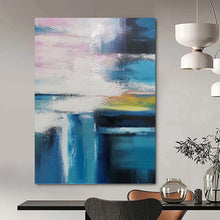 Load image into Gallery viewer, “Colorful Sky Over Blue Waters” - Pink, Blue, Yellow, White Abstract Art on Canvas DKH1232