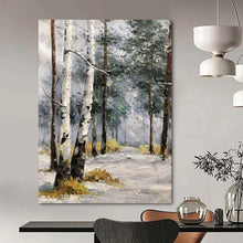 Load image into Gallery viewer, “Snowy Birch Forest Path” - Grey, White, Brown Landscape Art on Canvas DKH1283