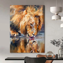 Load image into Gallery viewer, “Lion Drinking at Water” - Realistic Wildlife Art on Canvas DKH1647
