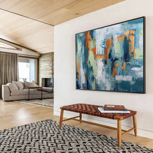 Load image into Gallery viewer, Abstract Cityscape Painting with Blue, Orange, and Green for Urban Loft & Contemporary Gallery DKH295