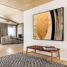 Load image into Gallery viewer, Hand - painted Gold Oval with Black and White Lines Acrylic Art for Art - Inspired Home Libraries LargeART1712