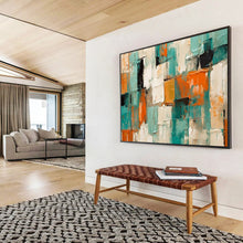 Load image into Gallery viewer, Hand - painted Teal, Orange, and White Textured Squares Acrylic Art for Artistic Studio Workspaces LargeART1721