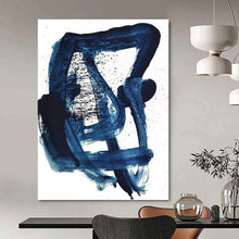 Load image into Gallery viewer, “Indigo Whirl” - Deep blue, dynamic brushstrokes with black splatters DTP161