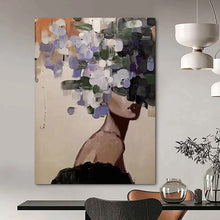 Load image into Gallery viewer, “Floral Veil” ,Soft beige background, with a figure whose face is obscured by loose, painterly purple, white, and green flowers. DTP309