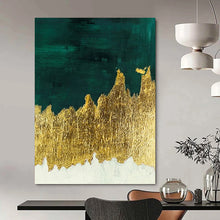 Load image into Gallery viewer, “Green and Gold Mountain Abstract” - Green, Gold, White Abstract Art on Canvas DKH1335