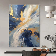 Load image into Gallery viewer, Blue & Gold Swirl Abstract Canvas Painting, Perfect for Coastal Bedroom & Luxury Spa Lounge LargeART1265