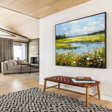 Load image into Gallery viewer, Vivid Landscape Abstract Painting with Blue Sky, Green Fields and Flowers for Countryside - Style Living Room & Relaxing Garden Café DKH271