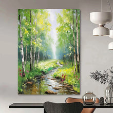 Load image into Gallery viewer, “Sunlit Forest Path with Stream” - Green, Yellow, Blue Landscape Art on Canvas DKH1266