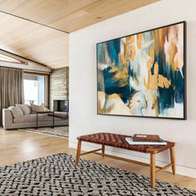 Load image into Gallery viewer, Hand - Painted Turquoise & Gold Abstract Acrylic Art for Sophisticated Dining Area LargeART1636