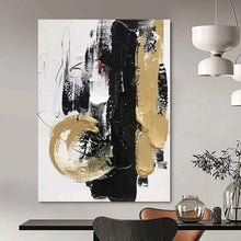 Load image into Gallery viewer, “Bold Black and Gold Abstract with Textured Marks” – Dramatic Abstract Exuding Opulence and Energy DTP146
