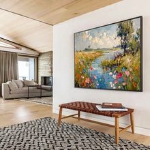 Load image into Gallery viewer, Riverbank “Serene Blossoms” Painting on Canvas, Idyllic Landscape Decor DKH833