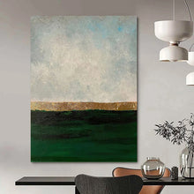 Load image into Gallery viewer, “Gold Horizon Over Green Sea” - Green, Gold, Grey Abstract Art on Canvas DKH1206