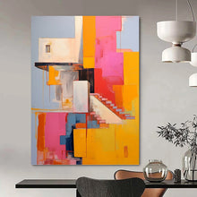Load image into Gallery viewer, “Vibrant Architectural Abstract” - Pink, Yellow, Blue Abstract Art on Canvas DKH1323