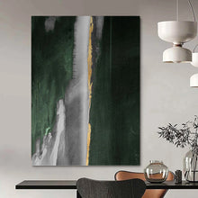 Load image into Gallery viewer, “Gold Strip Green and Grey” - Green, Grey, Gold Abstract Art on Canvas DKH1203