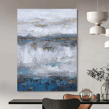 Load image into Gallery viewer, “Grey - Blue Horizons with Gold Accents” - Grey, Blue, Gold Abstract Art on Canvas DKH1226