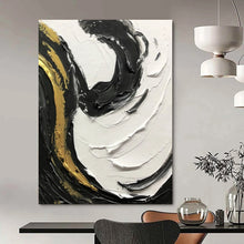 Load image into Gallery viewer, “Gilded Swirls” – Thick black, white, and gold impasto, dynamic curved strokes DTP381
