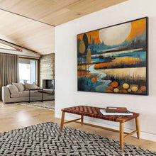 Load image into Gallery viewer, Stylized Landscape with Big Moon Abstract acrylic painting DLZ086