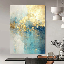 Load image into Gallery viewer, “Aqua Gold Cascade” – Blue, Aqua & Gold Abstract Acrylic with Flowing Textures DTP077