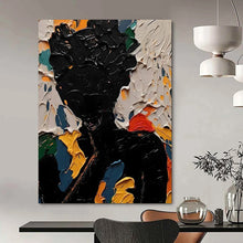 Load image into Gallery viewer, “Colorful Silhouette” ,Black figure surrounded by bold, textured swaths of blue, green, yellow, orange, and red. DTP308