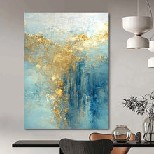 Load image into Gallery viewer, “Aqua - Gold Cascade” – Blue, Aqua & Gold Abstract Acrylic with Cascading Textures DTP063