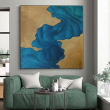 Load image into Gallery viewer, Oversized Blue and Gold Abstract Flow Acrylic for Luxury Hotel Lobby & Sophisticated Home Office LargeART0343