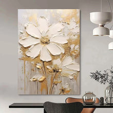Load image into Gallery viewer, “Gilded White Floral Impasto” - Gold and White Flower Art on Canvas DKH1395