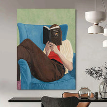 Load image into Gallery viewer, “Bookish Retreat” ,Soft green background, blue armchair, brown pants, white and red clothing, with a figure reading a book. DTP303