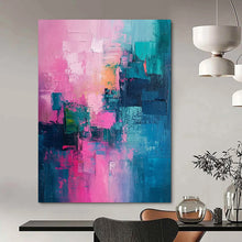 Load image into Gallery viewer, “Pink - Teal Fusion” – Pink, Teal & Blue Abstract Acrylic with Textured Blocks DTP061