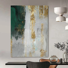 Load image into Gallery viewer, “Green, Grey & Gold Textured Abstract” - Luxe Abstract Art on Canvas DKH1518