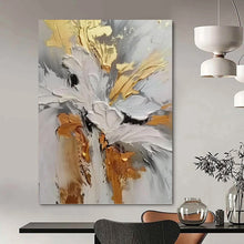Load image into Gallery viewer, “Gilded Floral Impasto” - Gold, Grey, and White Flower Art on Canvas DKH1386