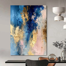 Load image into Gallery viewer, “Blush & Blue Gold Melt” – Blue, Pink & Gold Abstract Acrylic with Layered Textures DTP072