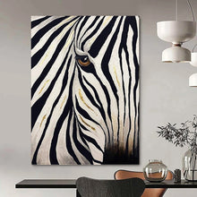 Load image into Gallery viewer, “Gilded Zebra Gaze” - Black, White & Gold Animal Portrait on Canvas DKH1446