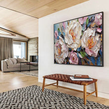 Load image into Gallery viewer, Textured Peonies “Soft Blooms” Painting on Canvas, Elegant Floral Art DKH891
