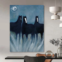Load image into Gallery viewer, “Mystic Black Horses in Moonlight” - Symbolic Equine Art on Canvas DKH1444