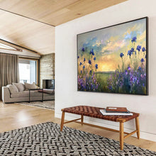 Load image into Gallery viewer, Blue Flower “Sunset Meadow” Painting on Canvas, Serene Floral Landscape DKH819