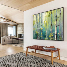 Load image into Gallery viewer, Sunlit Birch Forest Abstract Painting on Canvas - “Green Sanctuary” DKH670