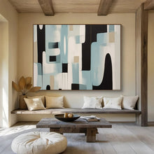 Load image into Gallery viewer, Hand - painted Blue, Black, and Beige Abstract Shapes Acrylic Art for Contemporary Hallway Displays LargeART1711