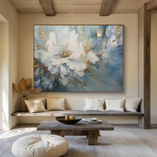 Load image into Gallery viewer, Hand - painted Large - Format White Flower with Gold and Blue Background Acrylic Art for Elegant Bedrooms LargeART1756