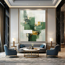 Load image into Gallery viewer, Oversized Hand - painted Green and Gold Geometric Mix Acrylic Art for Modern - Chic Dining Rooms LargeART0199