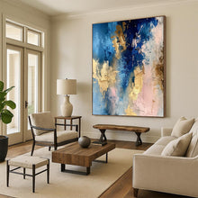 Load image into Gallery viewer, “Blush & Blue Gold Melt” – Blue, Pink & Gold Abstract Acrylic with Layered Textures DTP072