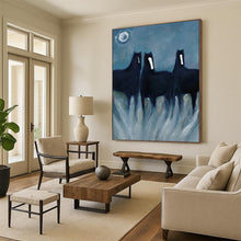 Load image into Gallery viewer, “Mystic Black Horses in Moonlight” - Symbolic Equine Art on Canvas DKH1444