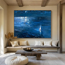 Load image into Gallery viewer, Hand - painted Large - sized Night Sky with Sailboat Acrylic Art for Serene Bedrooms LargeART1784