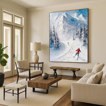 Load image into Gallery viewer, “Textured Mountain Skiers” ,Thick white impasto for mountains, with detailed skiers and snow - covered trees in blue and white. DTP313
