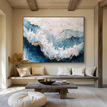 Load image into Gallery viewer, Textured Blue - White - Gold Wave Painting On Canvas DKH347
