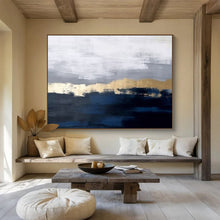 Load image into Gallery viewer, Blue and Gold Abstract Painting on Canvas - “Coastal Horizons” DKH784