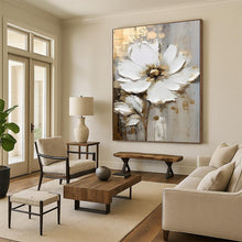 Load image into Gallery viewer, “Elegant Bloom” White flowers with gold accents on textured background. DTP300