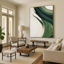 Load image into Gallery viewer, “Green & White Flowing Abstraction” - Fluid Abstract Art on Canvas DKH1468