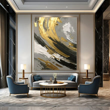 Load image into Gallery viewer, Gray, Gold & Black Abstract Swirl Detail Canvas Painting, Ideal for Modern Studio Apartment & Chic Art Gallery Corner LargeART1252